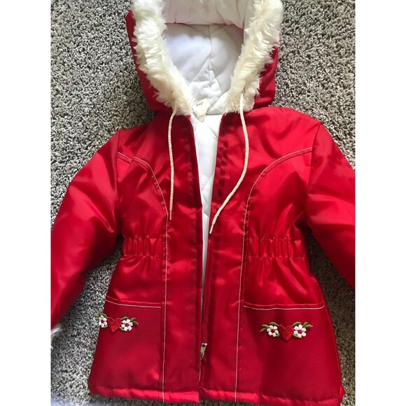 VTG Toddler Girls Red Hooded Quilted Lined Jacket Embroided Flower & Heart SZ 4T - Picture 1 of 6